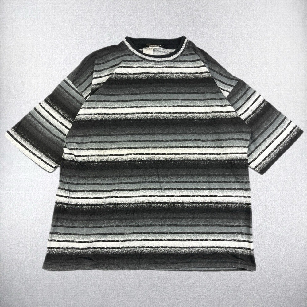 Vintage 90s Impact T Shirt Mens XL Black Gray White Striped Short Sleeve USA